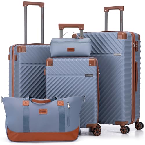 Image of Cosbarn Luggage Sets 5 Piece with TSA Lock Spinner Wheels, Unisex Hard Case ABS Suitcase Set, Hardshell Lightweight Waterproof Travel Hardside Suitcases with Wheels for Women Men, Sky Blue
