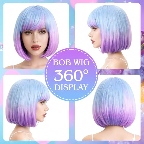 Image of PLULON Blue Purple Ombre Bob Wig with Bangs, Colorful Short Funny Bob Wigs with Heart Sunglasses Hair Cap Cosplay Hairpieces for Halloween Costume Party Heat Temperature Synthetic Fiber for Women Men