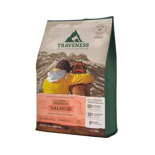 TRAVENESS NATURAL NUTRITION FOR DAILY ADVENTURES - Pienso para Perros Hipoalergénico | Receta de Salmón | Alta Palatabilidad | Sin Cereales, (12 Kg.)