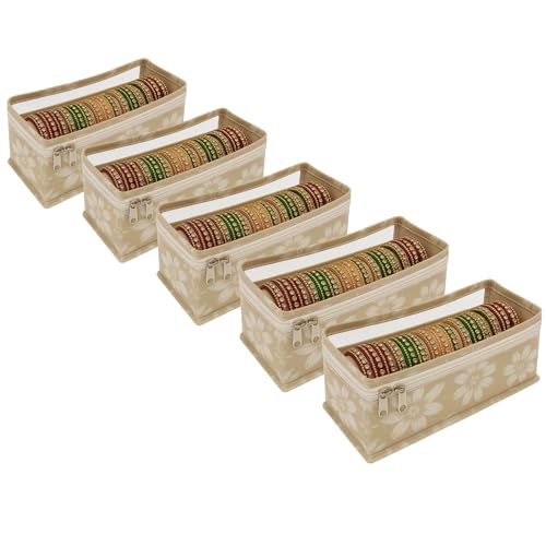 Image of PVC Single-Rod Floral Bangle Organizer Box for Women | Jewellery Bangle Storage Case for Chudi, Kada & Accessories, Bangle Holder Pouch | Beige | Pack of 5