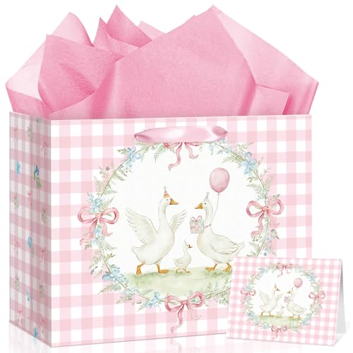 Image of Innovoscape Pink Silly Goose Gift Bag with Wrapping Tissue Paper & Greeting Card Large Pink Gingham Watercolor Swan Birthday Bag for Daughter Niece Baby Girl Shower Party Supplies Favors