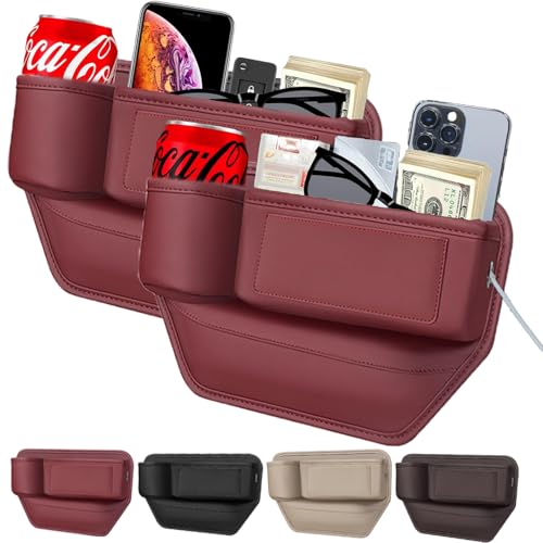 suflywe 2 Pack Leather Car Seat Gap Filler With Cup Holder, Leather Cup Holder Gap Bag, Car Gap Filler, Universal Fitting, Prevent Phone or Key Falling (Red)