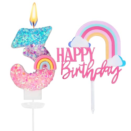 Velas Cumpleaños Arcoíris Originales,Velas Cumpleaño Numéricas 3,Decoracion Cumpleaños Arcoíris para Niña,Decoracion de Tartas,Vela Número 3 para Pastel,Vela Numeros para Fiestas