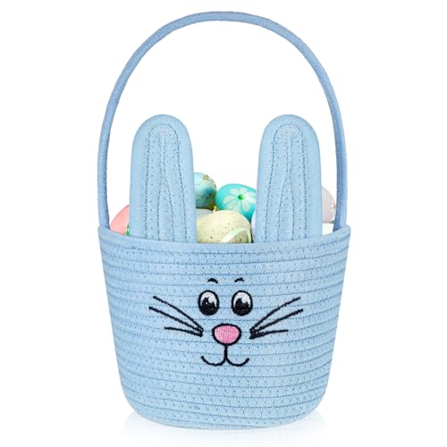 Image of Teenyyou Woven Easter Baskets Woven Bunny Baskets with Handles Eggs Hunt Bucket Rabbit Cotton Rope Basket Baby's First Easter Basket Gift for Toddler Boys Girls(Macaron Blue)