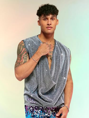 WDIRARA Men's Glitter Draped Collar T Shirts Cowl Neck Sleeveless Tank Top Party Top3