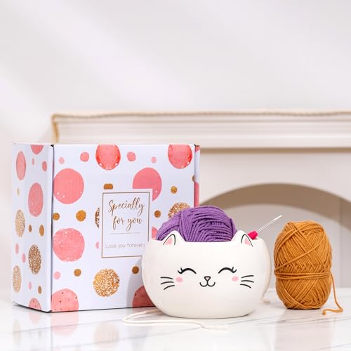 Image of Cat Yarn Bowl for Knitting Cute Ceramic Yarn Bowl Crochet Accessories Large Yarn Holder Storage Gift for Knitters Crocheters