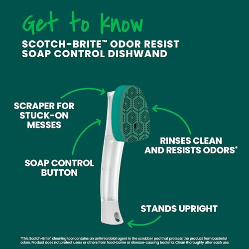 Image of Scotch-Brite Odor Resist Heavy Duty Dishwand, 1 Dish Wand, Handles Tough Messes on Non-Coated Cookware, Oven Racks, Grills and More, Fits all Scotch Brite Refills