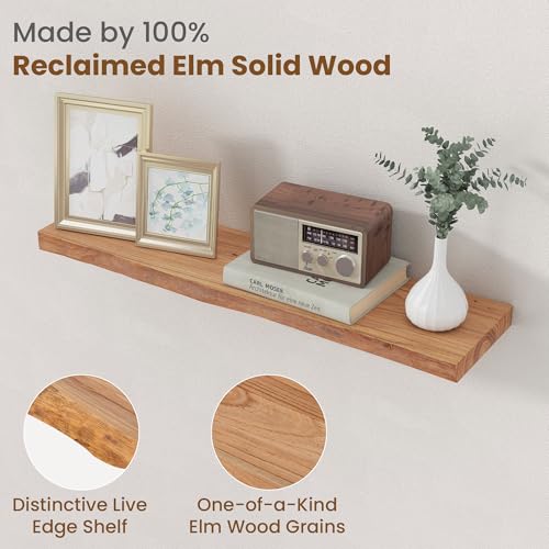 Image of Floating Shelves for Wall Decor, Rustic Solid Elm Wood Live Edge Floating Shelves Wall Mounted, Wall Shelves with Invisible Bracket for Living Room Bathroom Bedroom Kitchen, 30 Inch Set of 2, Natural