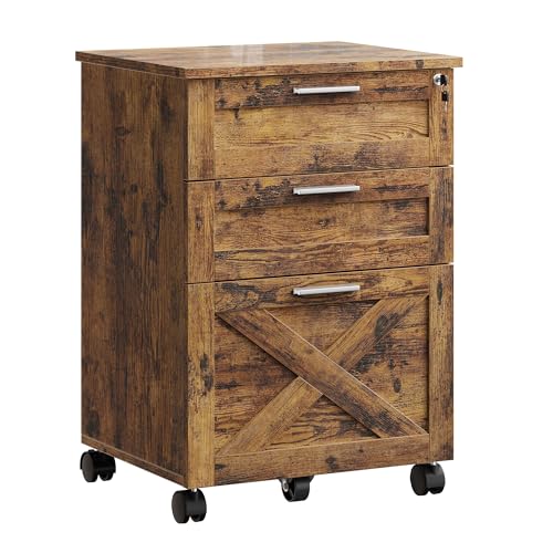 Litake Rollcontainer Abschließbare mit 3 Schubladen,Mobiler Aktenschrank Büroschrank mit Rollen,Unter Schreibtisch Schrank für Büro und Home Office,48x40x68cm,Vintage Braun