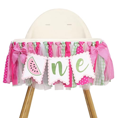 Watermelon 1St Birthday Highchair Banner - One In A Melon Highchair Banner, 'Sweet One' Fabric Ribbon Garland, Summer Fruit Themed First Birthday Party Decorations