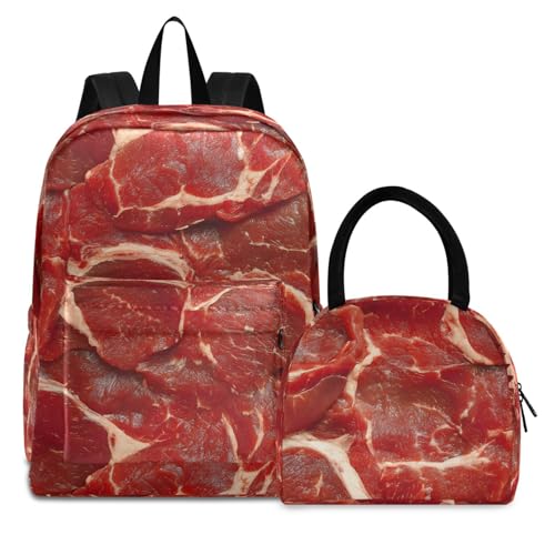 Meat Texture Print Backpack Set with Lunch Bag, Large Capacity Travel Backpacks and Lunch Box Insulated for Commute Hiking Picnic