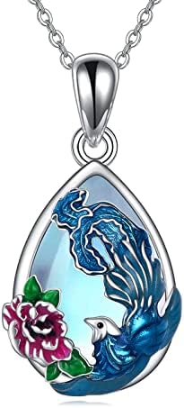 DAYLINLOVE Animal Necklace 925 Sterling Silver Moonstone Fox/Dragonfly/Hummingbird/Mermaid Pendant Jewelry for Women Girls (Phoenix)