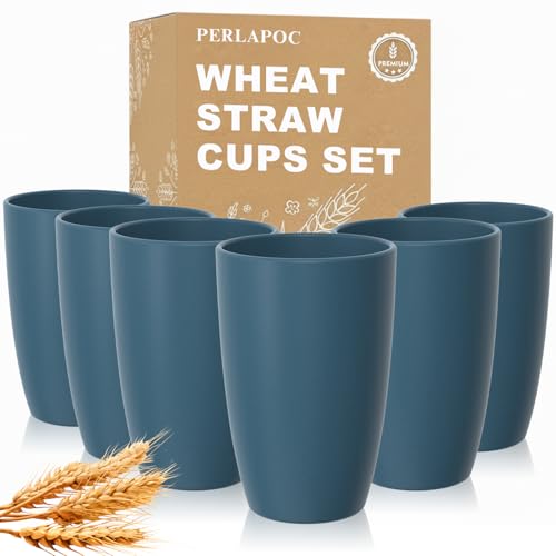 Image of Large 20OZ Wheat Straw Cup, Unbreakable Coffee Cups Set of 6, Blue | Sturdy Reusable Drinking Tumblers for Milk, Juice & Iced Coffee - Plastic Cups for BBQ & Camping