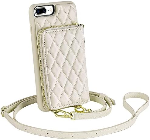 LAMEEKU Wallet Case Compatible with iPhone 7 Plus, iPhone 8 Plus Quilted Leather Wallet Case for Women Zipper Purse Case Shockproof Case for iPhone 8 Plus 7 Plus 5.5"-Beige