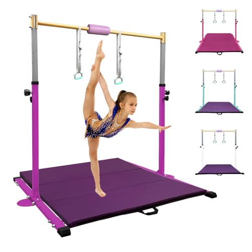 HomeSun Gymnastikstange für Kinder Robuste Kip Bar mit Ringen horizontale Turnreck für Heimtraining Höhenverstellbar 90-150cm Trainingsgerät bis 100 kg Alter 3-15 (Reck mit Matte, Purple)