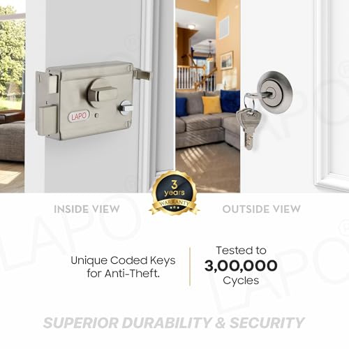 Image of LAPO Rim Lock, Compatible with Main & Safety Door, Dual Latch Max Pro, Dead Bolt Lock for Single, Sliding Doors,Heavy Duty Security Lock, 3 Keys,Matt Finish, 3 Years Warranty