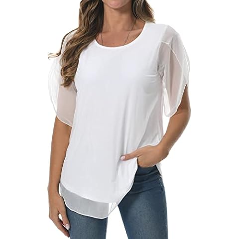 HAOMEILI Womens Ruffle Short Sleeve Mesh Blouses Loose Flowy Tops Stretchy Double Layers Shirts L White Cover
