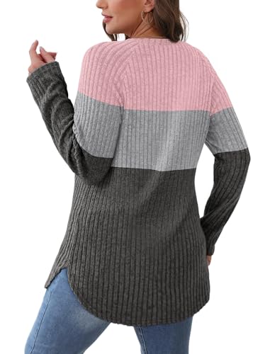 Image of Saloogoe Long Sleeve Shirts for Women 2025 Fall Clothes Tunic Tops Loose Fit Dressy Crewneck Pullover Sweaters Curved Hem
