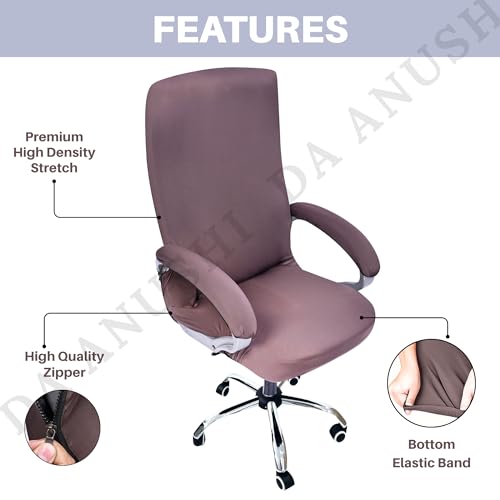 Image of Premium Elastic Boss Chair Cover with Armrest Covers | Stretchable Polyester Slipcover | 1-Seater Office Chair Protector | Fits Chair Back Height 71-76cm | Coffee Brown