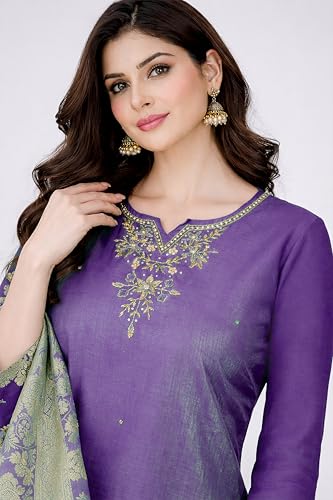 Sunehla Deal Women Roman Shimmer Kurti Set with Pants & Jacquard Dupatta – Embroidered Ethnic Festive Suit (Lavender, Medium) — view 5