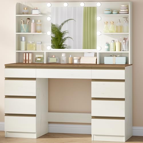 Hzuaneri 108 cm Tocador con 10 Globos de Luz LED, 3 Colores, Brillo Ajustable, Espejo HD Grande, 1 Cajón Grande y 8 Cajones Pequeños, 9 Áreas de Almacenaje Abiertas, Blanco-Marrón DT35714X