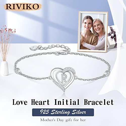 RIVIKO Heart Initial Bracelets for Women,925 Sterling Silver Letter Bracelets, Personalized Charm Alphabet Jewelry Valentines Christmas Mother’s Day Birthday Gifts for Women Friend Her Mom Wife Lady2