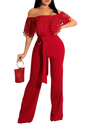 Image of Off Shoulder Jumpsuit for Women High Waist Wide Leg Long Pants Jumpsuits