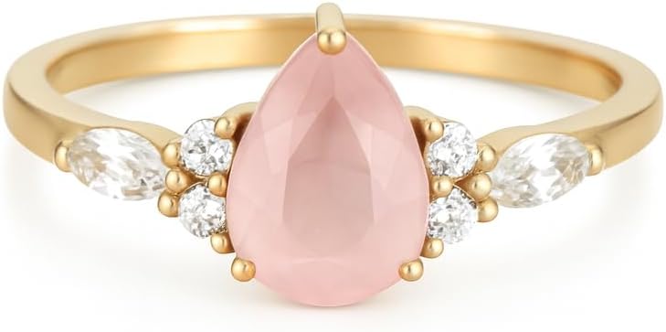 Rose Quartz Ring for Women Pear Cut 14k Yellow Gold Dainty Bridal Ring with Marquise Diamond Accents Vintage Wedding Promise Jewelry Gift