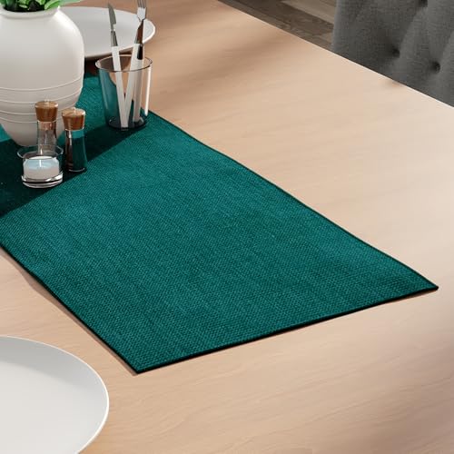 Image of Encasa XO Dining Table Runner for 4 to 6 Seater | 28x91 cm | Azul Blue | Chenille Fabric | Machine Washable