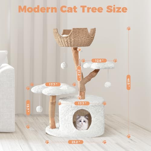 Image of Easyego Modern Cat Tree, 40.5 inch Aesthetic Wood Cat Tree Tower for Large Cats, Luxury Cat Condo with Scratching Posts and Flower Platforms, Cat Furniture, White