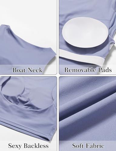 FEOYA Women Elegant Boat Neck Workout Bra Tank Top Open Back Push Up Sports Bra Built-in Shelf Bra Crop Top4