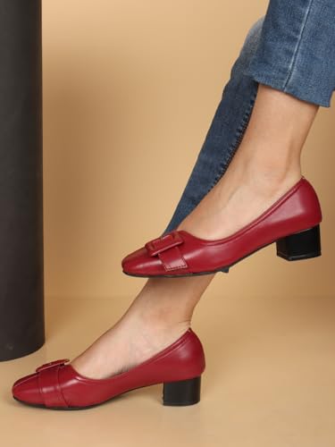 Image of ELLE Women's Square Toe Block Heels Slip-On Pumps with Buckle Detail