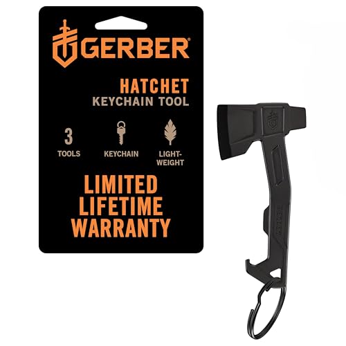 Gerber Hatchet Key Chain Tool with Open Pencil, Flat Blade Screwdriver and Bottle Opener, Length: 6.5 cm, Weight: 20 g, Stainless Steel, Black, 1074042