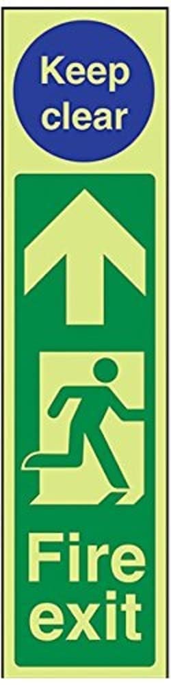 V Safety Glow in the Dark Fire Exit Door Plate Man Right/Keep Clear Sign - 75 mm x 300 mm - Rigid Plastic Safety Sign