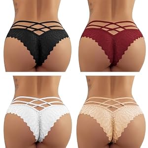 Femmes Sexy Dentelle Maille Lignes Croisées Culottes Creuses Culottes Sans Couture Dames Extensible Taille Basse Bikini Slips Dentelle Sous-vêtements pour Femme (Noir Rouge Blanc Beige 4 packs,S)