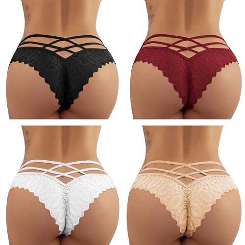 FULLJOYLOVE Bragas Francesas de Mujer Malla de Encaje Bragas Huecas Ropa Interior BrasileñA Sexy Bragas Hipster Damas EláSticas de Tiro Bajo Hipster Negro Rojo Blanco Desnudo Paquete de 4