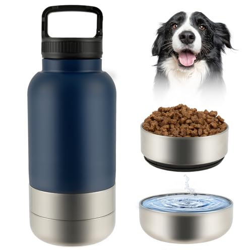 3 in 1 Trinkflasche Hunde für Unterwegs 900ml Isolierte Hundewasserflasche to go Edelstahl mit Wassernapf Futternapf BPA-Frei für Reisen Spaziergänge Outdoor-Aktivitäten