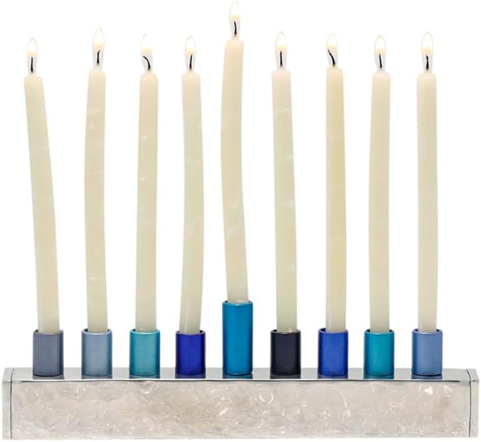 Yair Emanuel Small Hammered Strip Menorah with Blue Candle Holders | Anodized Hammered Aluminum Hanukiah | Jewish Gifts (HX-2)