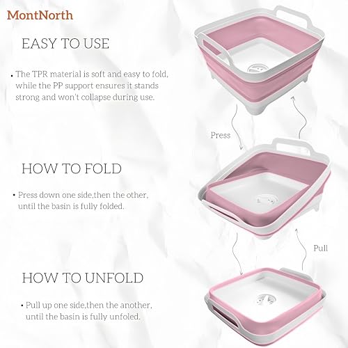 Image of Collapsible Wash Basin 9L, Foldable Dish Tub with Drain Plug, Portable Collapsible Dish Basin, Camping Sink for Washing Dishes, Laundry & Kitchen Use (Pink)
