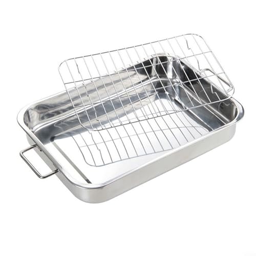 Sartén de acero inoxidable de gran capacidad con parrilla para hornear y servir platos grandes (33 x 23 x 5 cm)