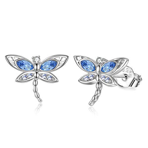 AOBOCO Dragonfly Earrings Studs Sterling Silver Hypoallergenic Earrings for Women Birthstone Stud Earrings Animal Jewelry for Women with Crystal Birthday Christmas Holiday Gifts