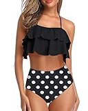 Tempt Me Women Black Polka Dot Two Piece Swimsuits High Waisted Bikini Teen Ruffle Tummy Control Bottoms Halter Bathing Suits M