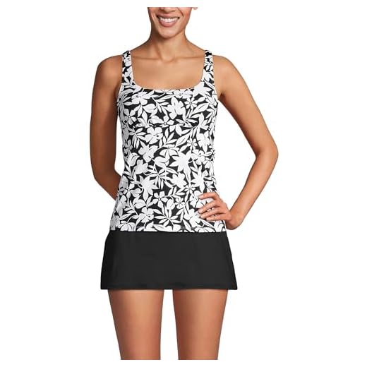 Lands' End Womens Chlorine Resistant Square Neck Tankini Top Black Havana Floral Petite 10