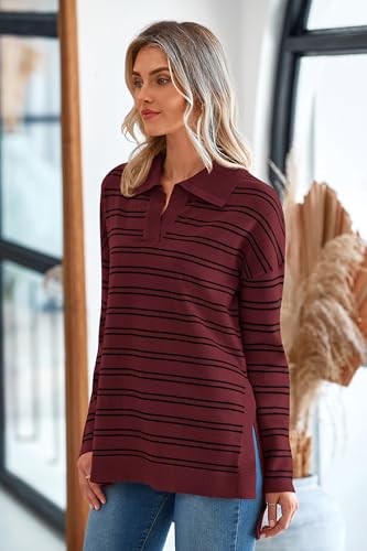 Image of MASCOMODA Womens Sweaters Fall 2025 Oversized Striped Sweater Long Sleeve Polo V Neck Loose Side Slit Knitted Tunic Tops