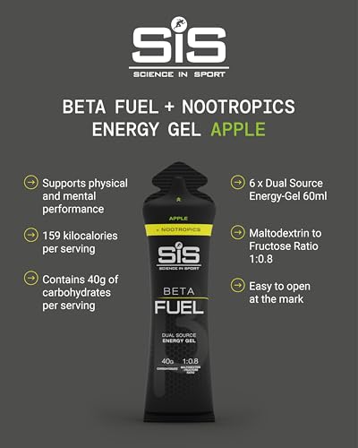 Science in Sport BETA Fuel + Nootropics - Nootropic Energy Gel - Optimal 1:0.8 Maltodextrin to Fructose Ratio - 40g Carbohydrates - Sports Nutrition - Apple Flavor - 6 Count