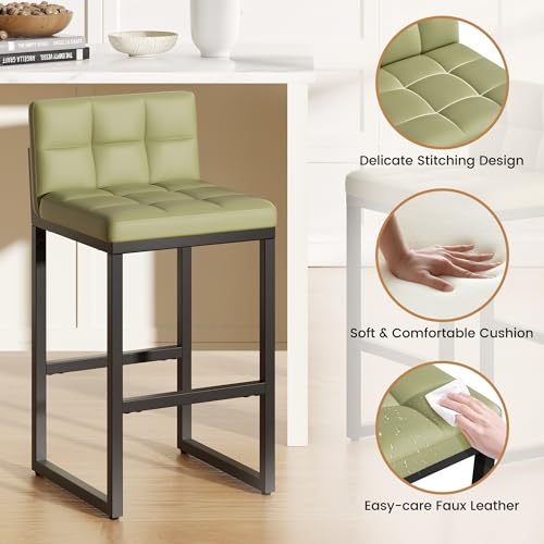 Image of 24 inch Bar Stools Set of 2, Modern Faux Leather Counter Height Bar Stools with Low Back and Footrest, Sturdy Thickened Metal Leg, Upholstered Kitchen Bar Chairs for Island, Green
