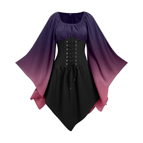 NFAOEGJ Damen Mittelalter Kleid mit Trompetenärmel,Traditionelles irisches Kleid für Damen Renaissance Karneval Kostüm Cosplay Party Halloween...
