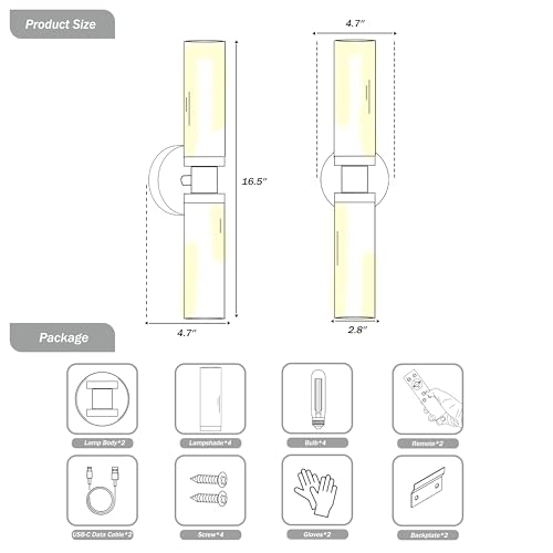 Image of Rayogale Black Wireless Battery Operated Wall Sconce with Remote Control | Dimmable Rechargeable Wall Lights Set of 2, Timer, No Hardwire, Touch Control, 8000mAh, 3000K, Glass, Emergency, 16.5 Inch