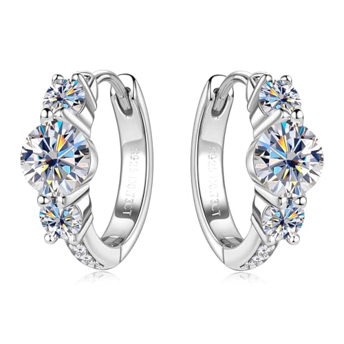 3 Stone/Solitaire Moissanite Hoop Earrings, 925 Sterling Silver Hypoallergenic Huggie Earrings for Women, D Color VVS1 Lab Created Imitation Diamond Round Cut Jewelry Gifts