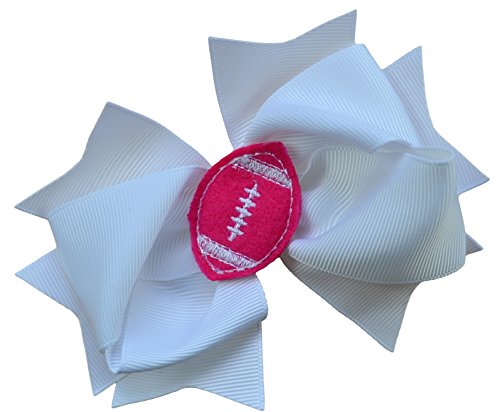 Girls Football Hair Bow 4.5 Inch Embroidered Football Team Hair Bow (White Bow with Hot Pink Ball)